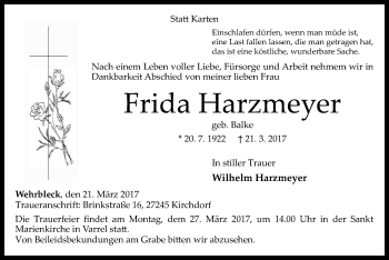 Traueranzeige von Frida Harzmeyer von SYK