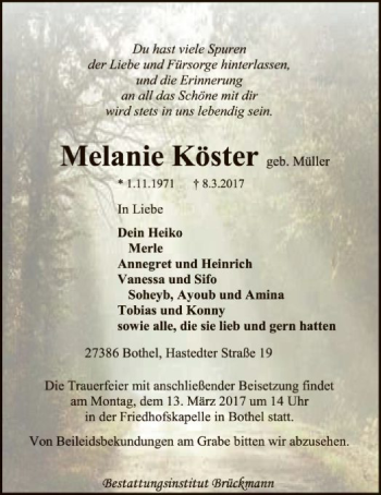 Traueranzeige von Melanie Köster von SYK