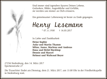 Traueranzeige von henry Lesemann von SYK