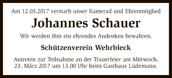 Traueranzeige von Johannes Schauer von SYK