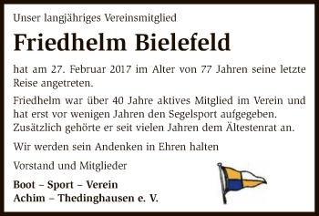 Traueranzeige von Friedhelm Bielefeld von SYK