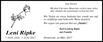 Traueranzeige von Leni Ripke von SYK