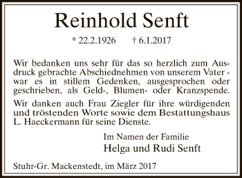 Traueranzeige von Reinhold Senft von SYK