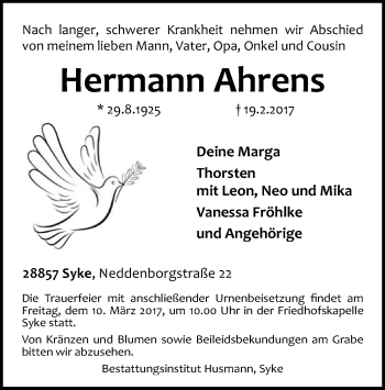 Traueranzeige von Hermann Ahrens von SYK