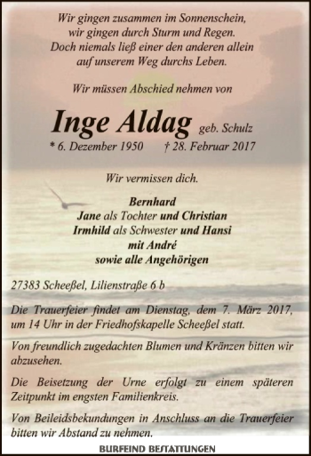 Traueranzeige von Inge Aldag von SYK