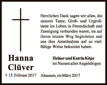 Traueranzeige von Hanna Clüver von SYK