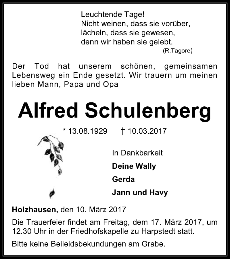  Traueranzeige für Alfred Schulenberg vom 13.03.2017 aus SYK