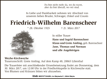 Traueranzeige von Friedrich-Wilhelm Barenscheer von SYK