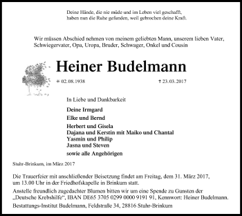 Traueranzeige von Heiner Budelmann von SYK