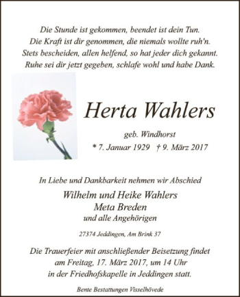 Traueranzeige von Herta Wahlers von SYK