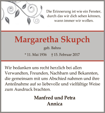 Traueranzeige von Margaretha Skupch von SYK