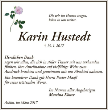 Traueranzeige von Karin Hustedt von SYK