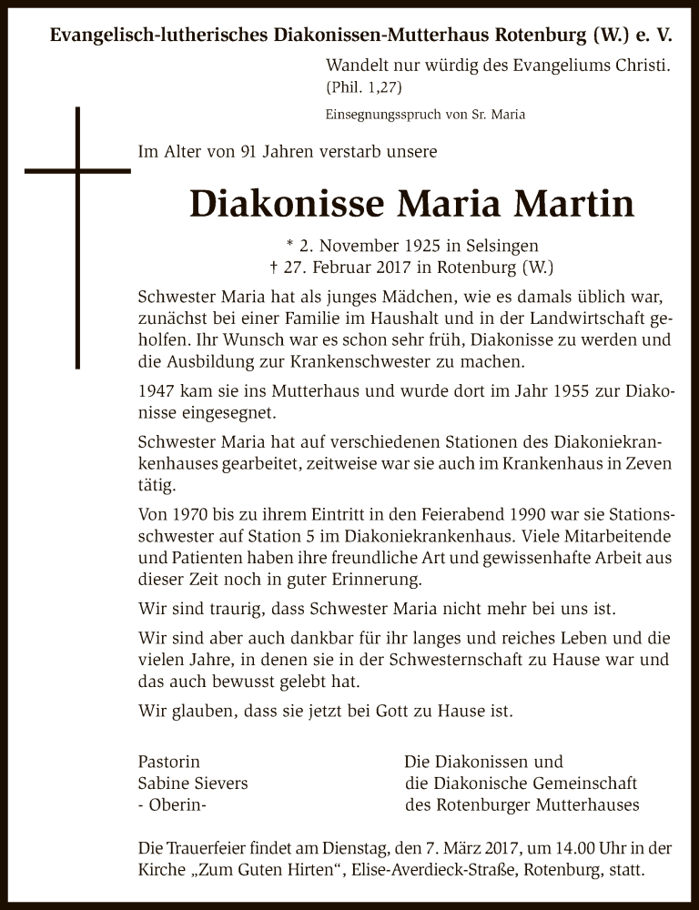  Traueranzeige für Maria Martin vom 01.03.2017 aus SYK