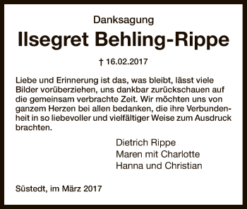 Traueranzeige von Ilsegret Behling-Rippe von SYK