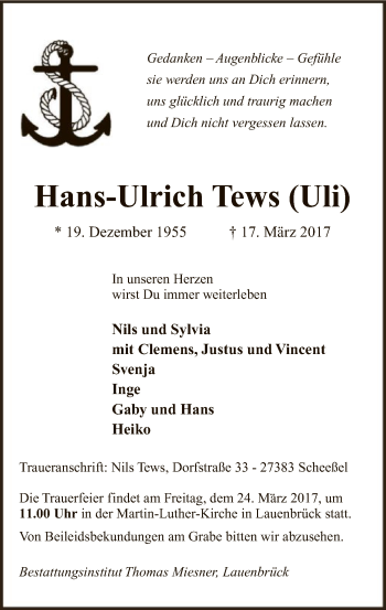 Traueranzeige von Hans-Ulrich Tews von SYK