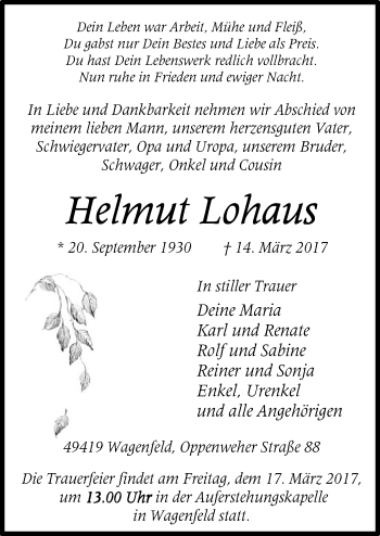 Traueranzeige von Helmut Lohaus von SYK