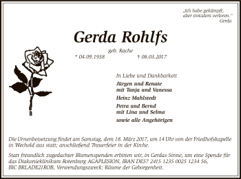 Traueranzeige von Gerda Rohlfs von SYK