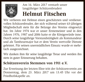 Traueranzeige von Helmut Fitschen von SYK