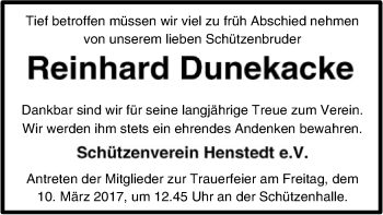 Traueranzeige von Reinhard Dunekacke von SYK