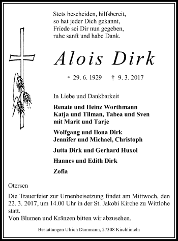 Traueranzeige von Alois Dirk von SYK