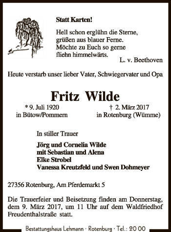 Traueranzeige von Fritz Wilde von SYK