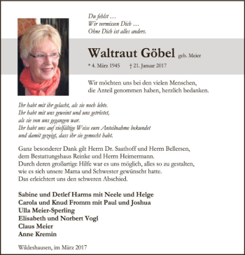 Traueranzeige von Waltraut Göbel von SYK