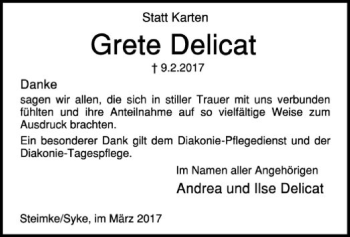 Traueranzeige von Grete Delicat von SYK