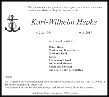 Traueranzeige von Karl-Wilhelm Hepke von SYK