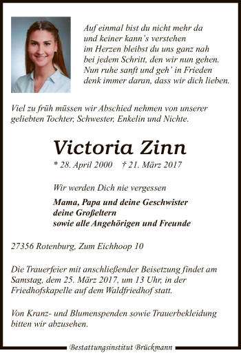 Traueranzeige von Victoria Zinn von SYK
