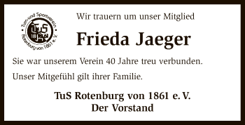Traueranzeige von Frieda Jaeger von SYK