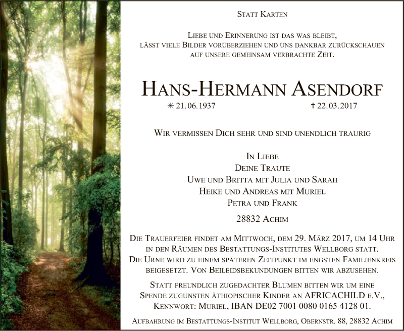  Traueranzeige für Hans-Hermann Asendorf vom 25.03.2017 aus SYK