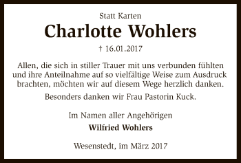 Traueranzeige von Charlotte Wohlers von SYK