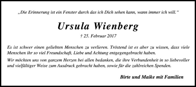  Traueranzeige für Ursula Wienberg vom 31.03.2017 aus SYK