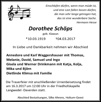 Traueranzeige von Dorothee Schöps von SYK