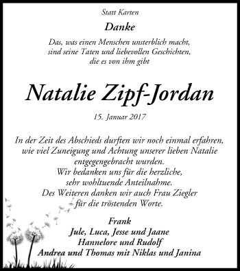 Traueranzeige von Natalie Zipf-Jordan von SYK