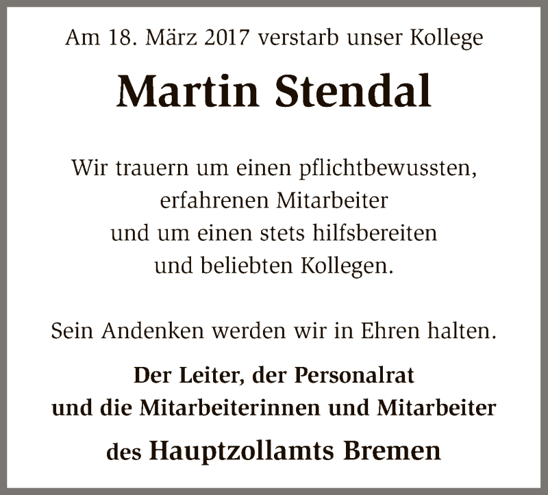  Traueranzeige für Martin Stendal vom 24.03.2017 aus SYK