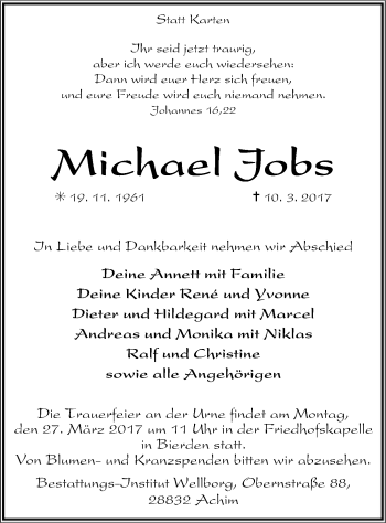 Traueranzeige von Michael Jobs von SYK