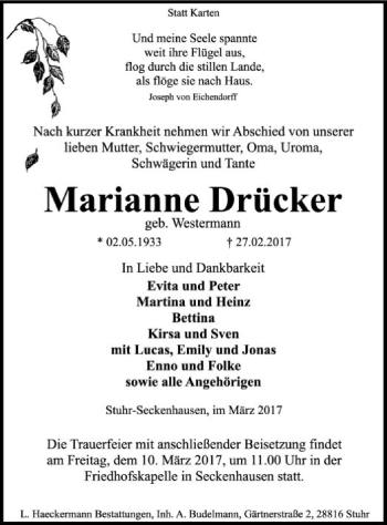 Traueranzeige von Marianne Drücker von SYK