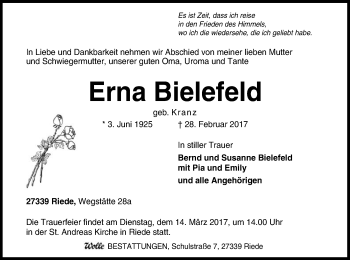 Traueranzeige von Erna Bielefeld von SYK