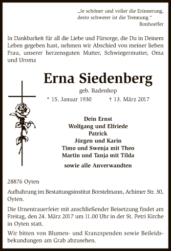 Traueranzeige von Erna Siedenberg von SYK