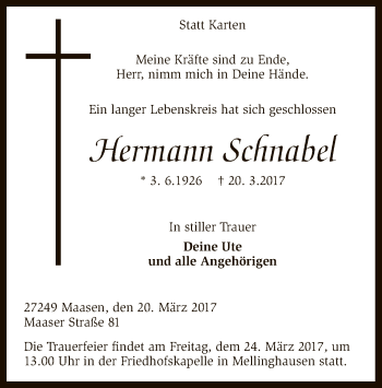 Traueranzeige von Hermann Schnabel von SYK