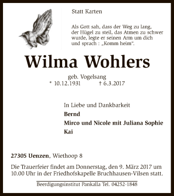 Traueranzeige von Wilma Wohlers von SYK