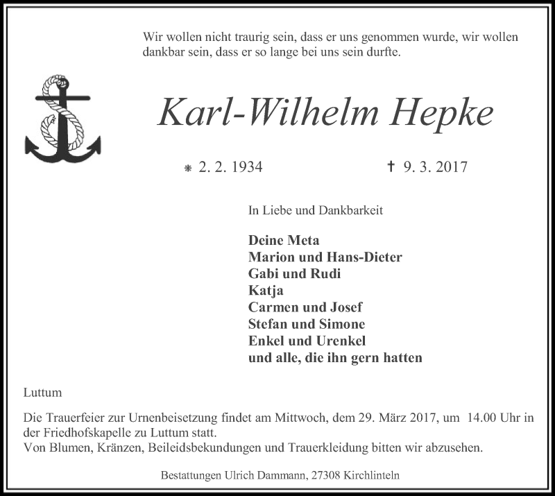  Traueranzeige für Karl-Wilhelm Hepke vom 25.03.2017 aus SYK