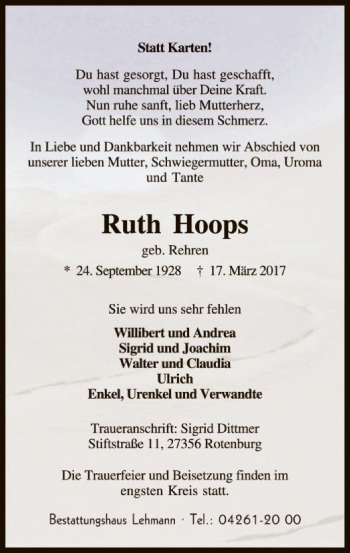 Traueranzeige von Ruth Hoops von SYK