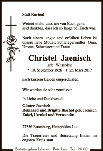 Traueranzeige von Christel Jaenisch von SYK