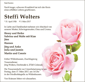 Traueranzeige von Steffi Wolters von SYK