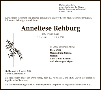 Traueranzeige von Anneliese Rehburg von SYK