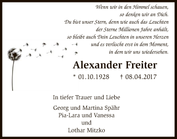 Traueranzeige von Alexander Freiter von SYK