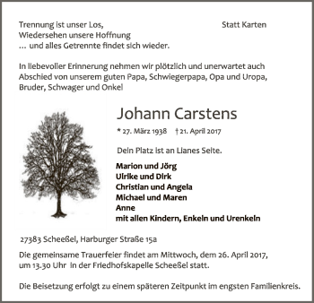 Traueranzeige von Johann Carstens von SYK