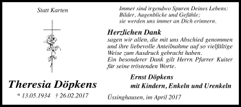 Traueranzeige von Theresia Döpkens von SYK